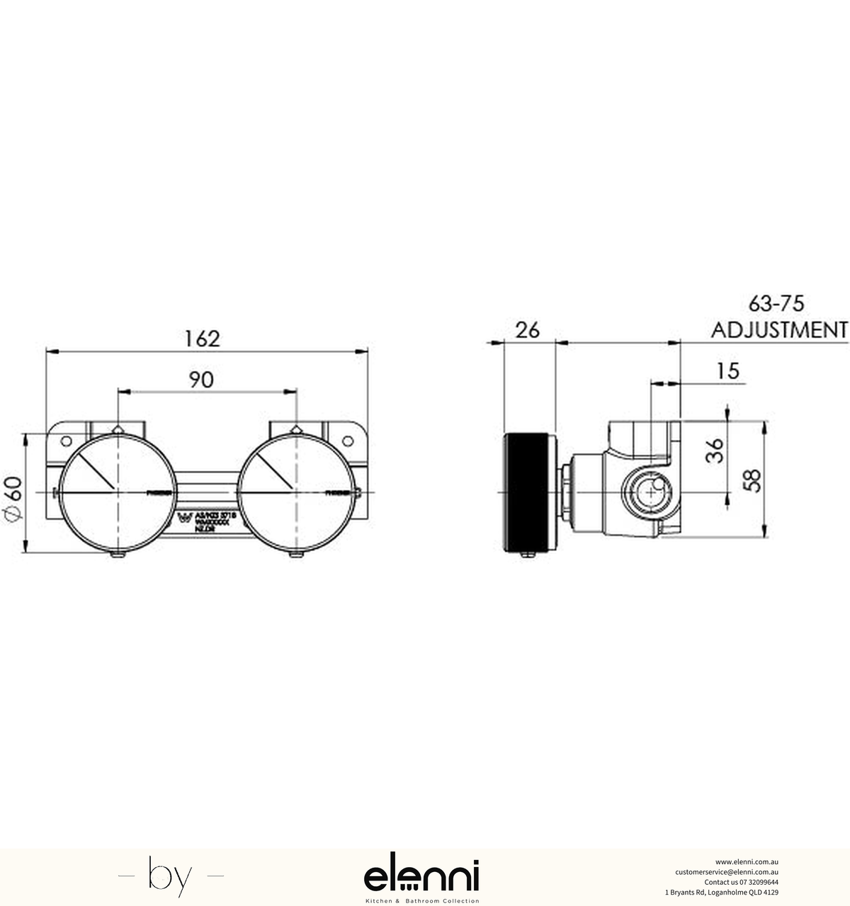 Axia Twin Shower/Wall Mixer - Elenni specification drawing