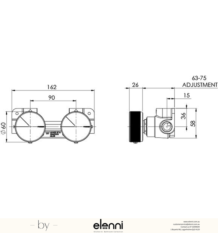 Axia Twin Shower/Wall Mixer - Elenni specification drawing