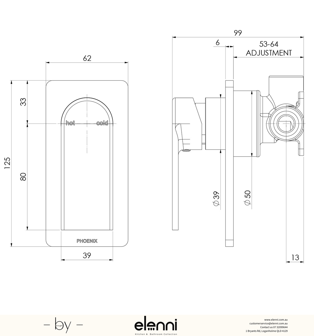 Teel SwitchMix Shower / Wall Mixer (Fit-Off Kit Only) - Lead Free - Elenni specification drawing