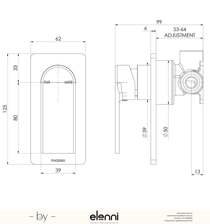 Teel SwitchMix Shower / Wall Mixer (Fit-Off Kit Only) - Lead Free - Elenni specification drawing