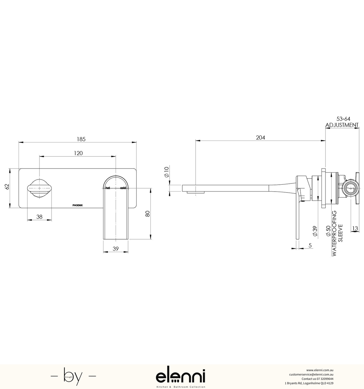 Teel SwitchMix Wall Basin / Bath Mixer Set 200mm (Fit-Off Kit Only) - Lead Free - Elenni specification drawing