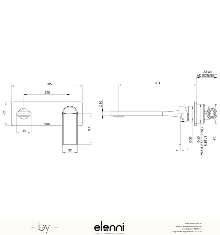 Teel SwitchMix Wall Basin / Bath Mixer Set 200mm (Fit-Off Kit Only) - Lead Free - Elenni specification drawing