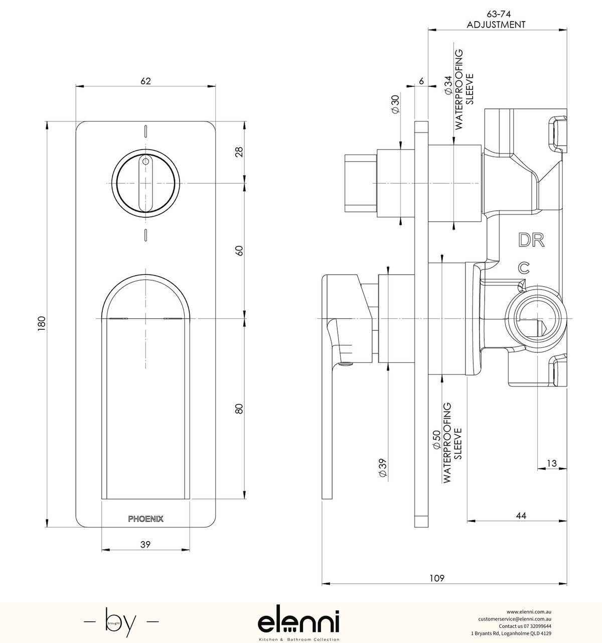 Elenni specification drawing - Teel SwitchMix Shower / Bath Diverter Mixer (Fit-Off Kit Only)