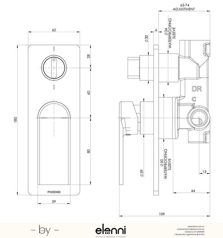 Elenni specification drawing - Teel SwitchMix Shower / Bath Diverter Mixer (Fit-Off Kit Only)