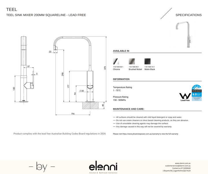 Teel Sink Mixer 200mm Square line - Lead Free - Elenni specification drawing