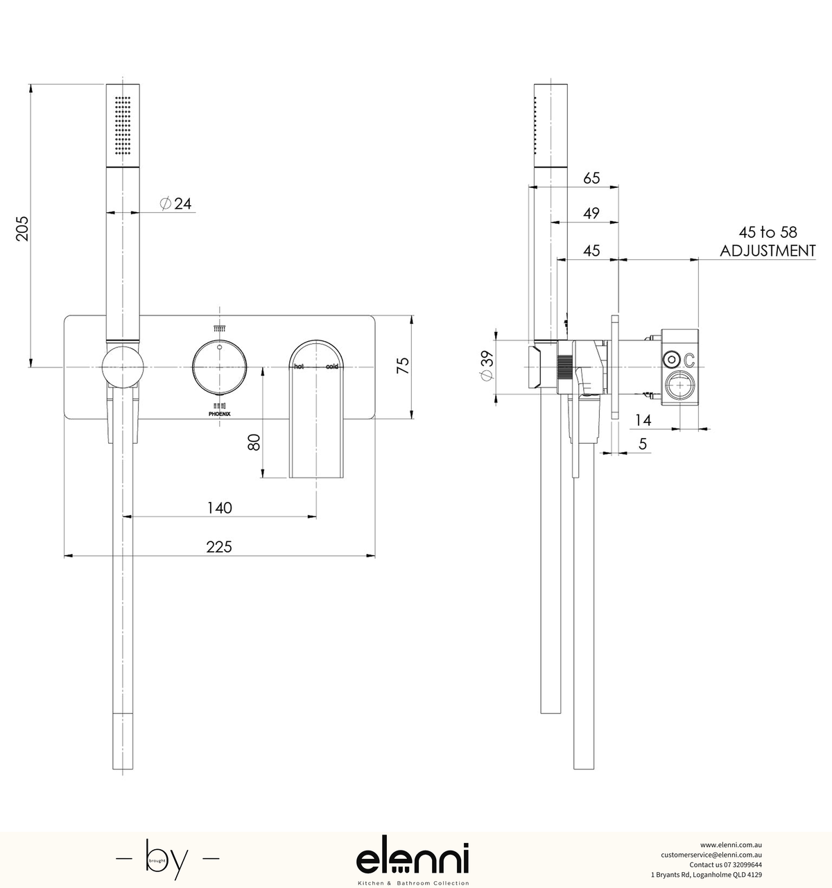 Teel Wall Shower System - Elenni specification drawing