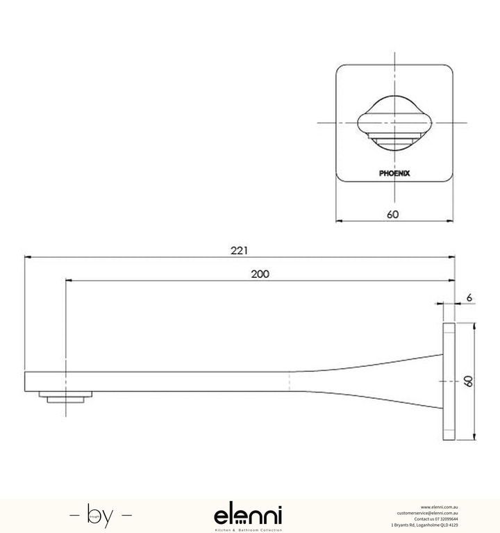 Teel Wall Basin Outlet 200mm - Elenni specification drawing