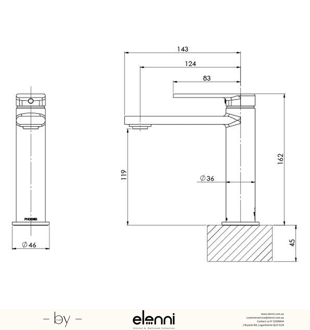Teel Basin Mixer - Lead Free - Elenni specification drawing