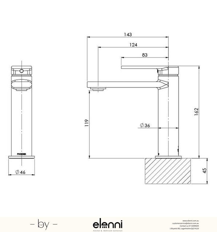 Teel Basin Mixer - Lead Free - Elenni specification drawing