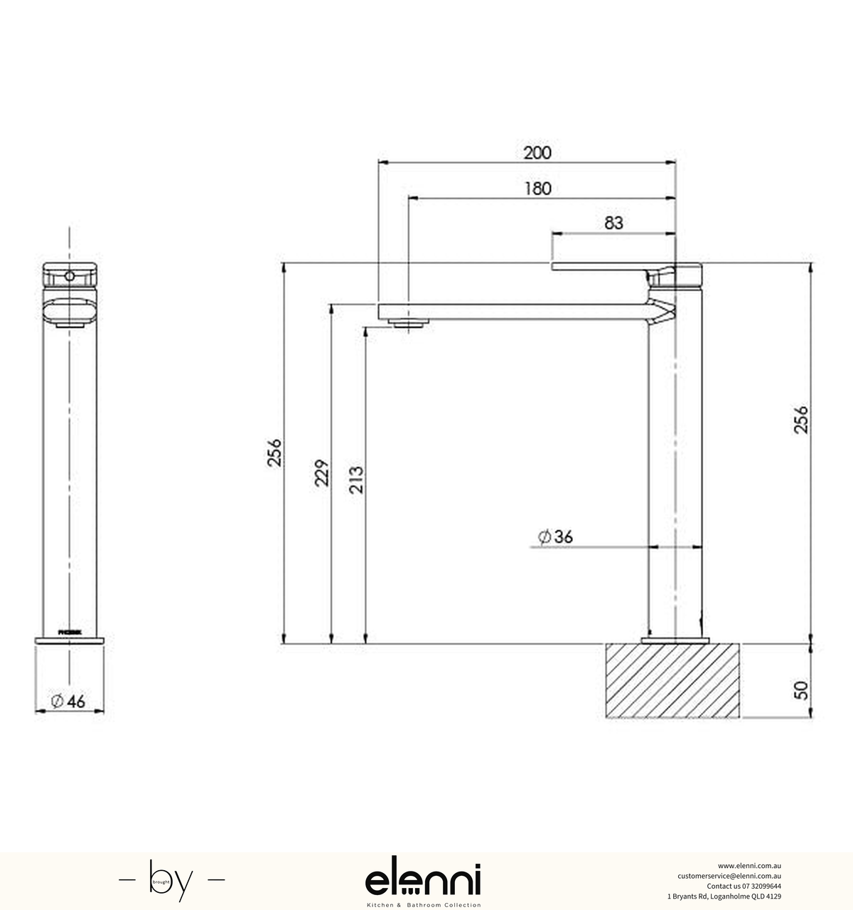 Teel Vessel Mixer - Lead Free - Elenni specification drawing