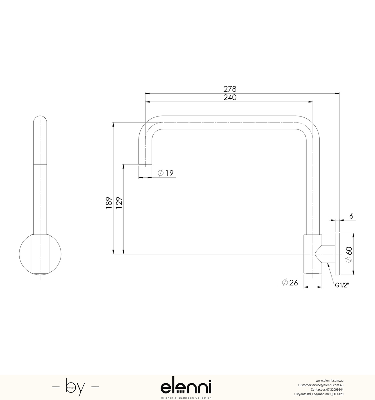 Vivid Slimline Plus Wall Sink Outlet 240mm Squareline - Lead Free - Elenni specification drawing
