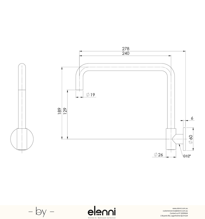 Vivid Slimline Plus Wall Sink Outlet 240mm Squareline - Lead Free - Elenni specification drawing