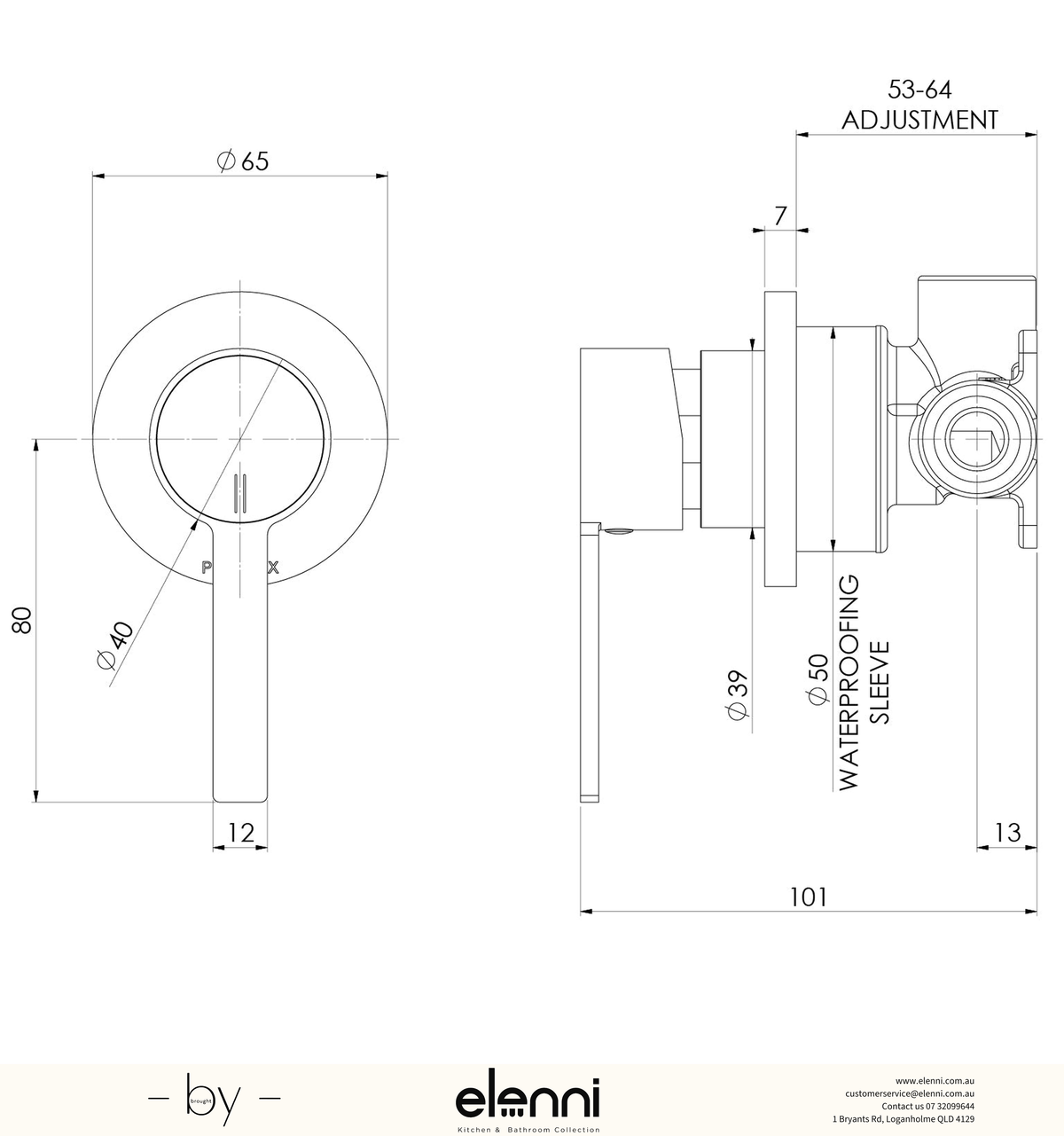 Lexi MKII SwitchMix Shower / Wall Mixer Fit-Off Kit - Lead Free - Elenni specification drawing