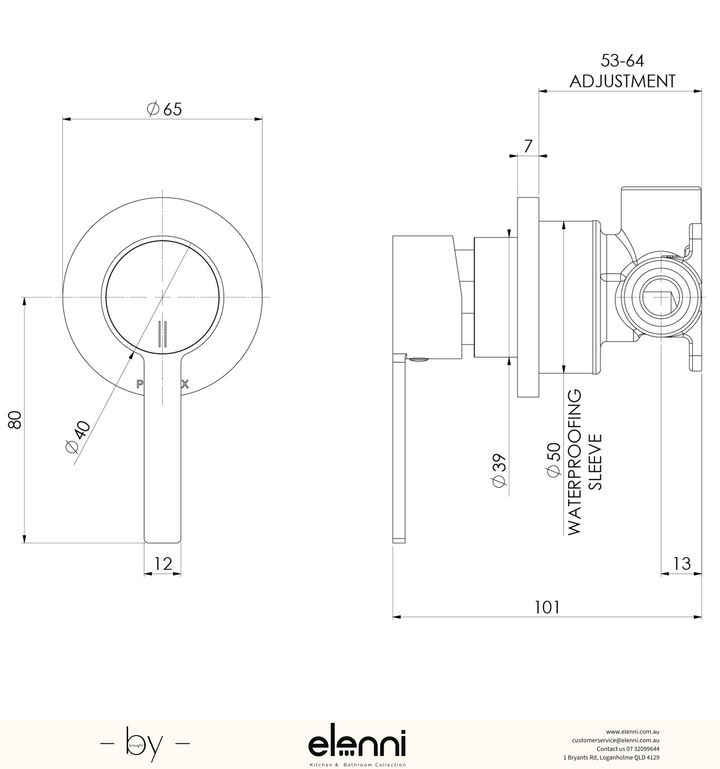 Lexi MKII SwitchMix Shower / Wall Mixer Fit-Off Kit - Lead Free - Elenni specification drawing