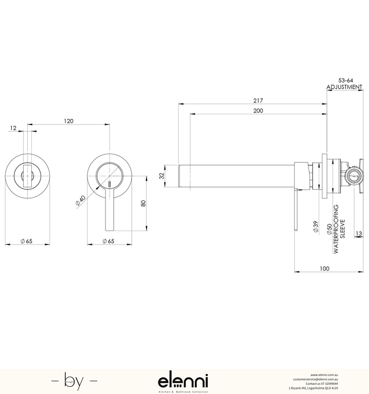 Lexi MKII SwitchMix Wall Basin Mixer Set 200mm (Fit-Off Kit Only) - Elenni specification drawing