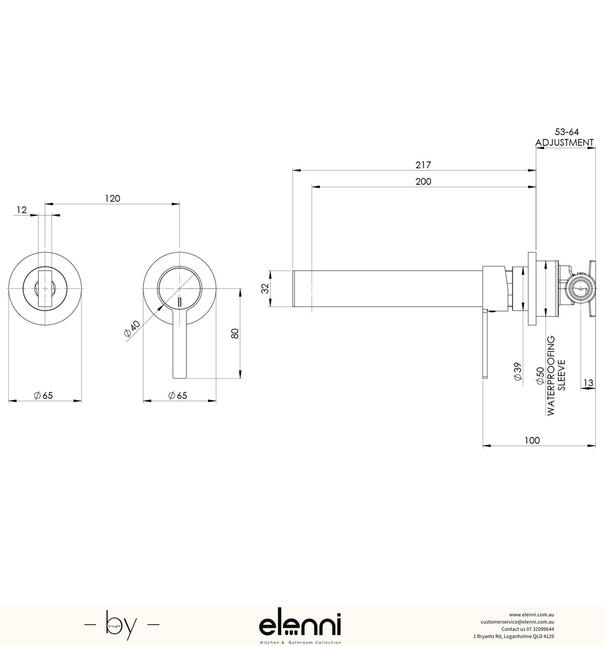 Lexi MKII SwitchMix Wall Bath Mixer Set 200mm (Fit-Off Kit Only) - Elenni specification drawing