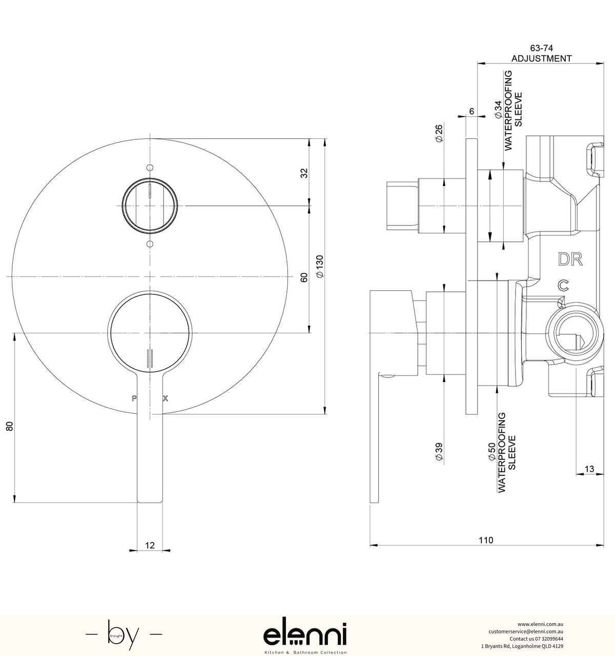 Elenni specification drawing - Lexi MKII SwitchMix Shower / Bath Diverter Mixer (Fit-Off Kit Only)