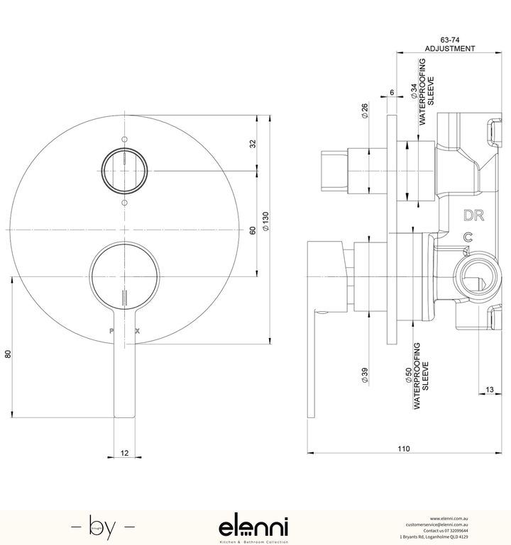 Elenni specification drawing - Lexi MKII SwitchMix Shower / Bath Diverter Mixer (Fit-Off Kit Only)