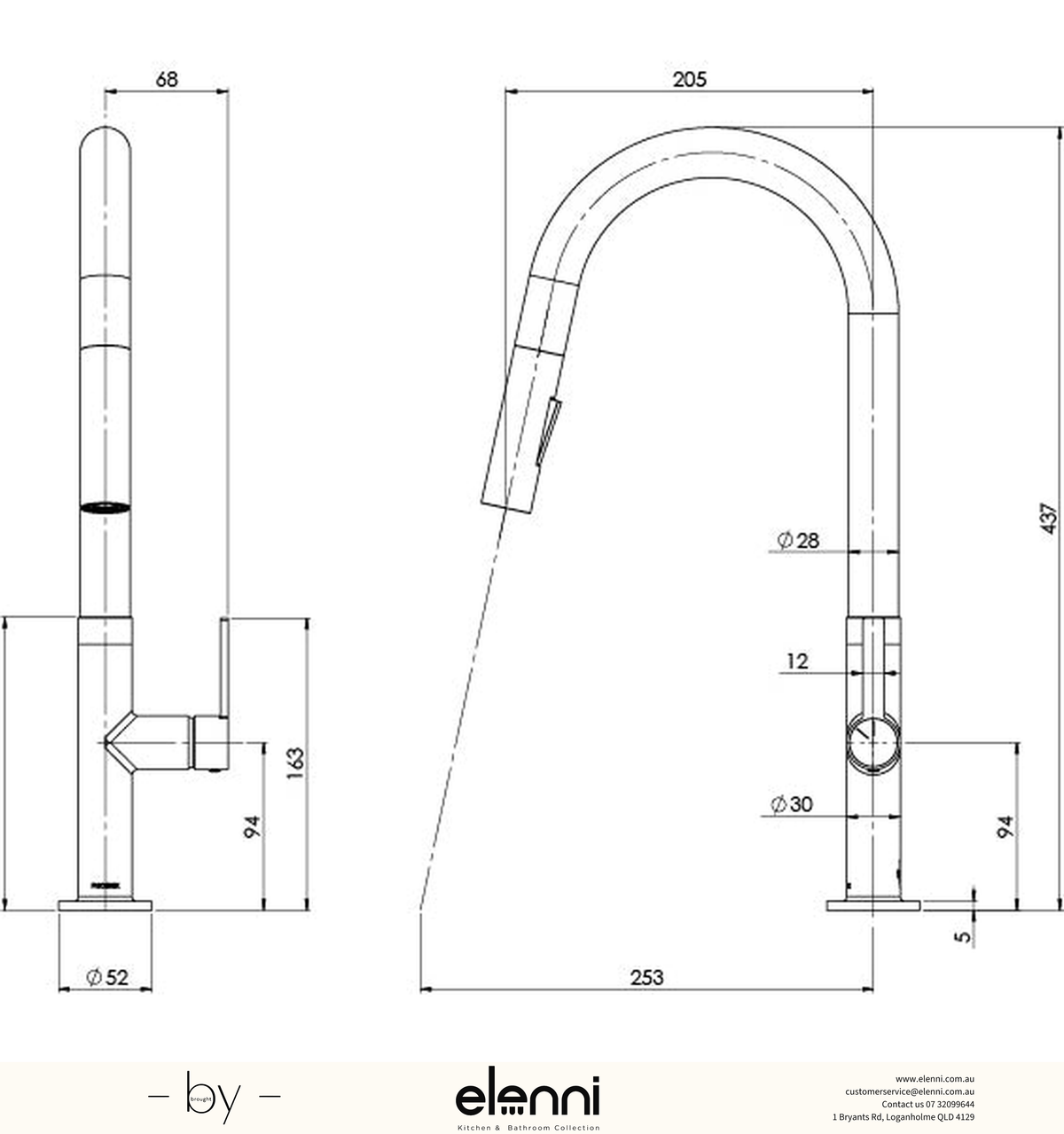 Lexi MKII Pull Out Sink Mixer 200mm - Elenni specification drawing
