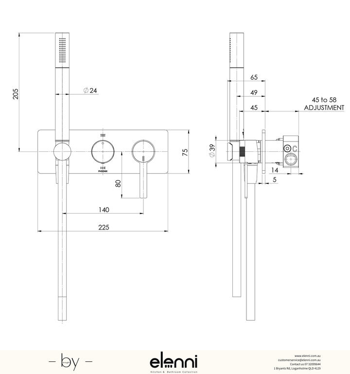 Lexi MKII Wall Shower System - Elenni specification drawing