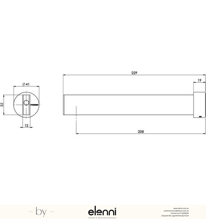 Lexi MKII Basin Outlet 200mm - Elenni specification drawing