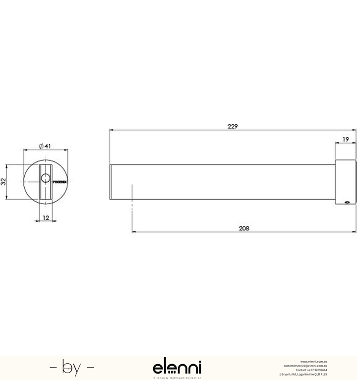 Lexi MKII Basin Outlet 200mm - Elenni specification drawing