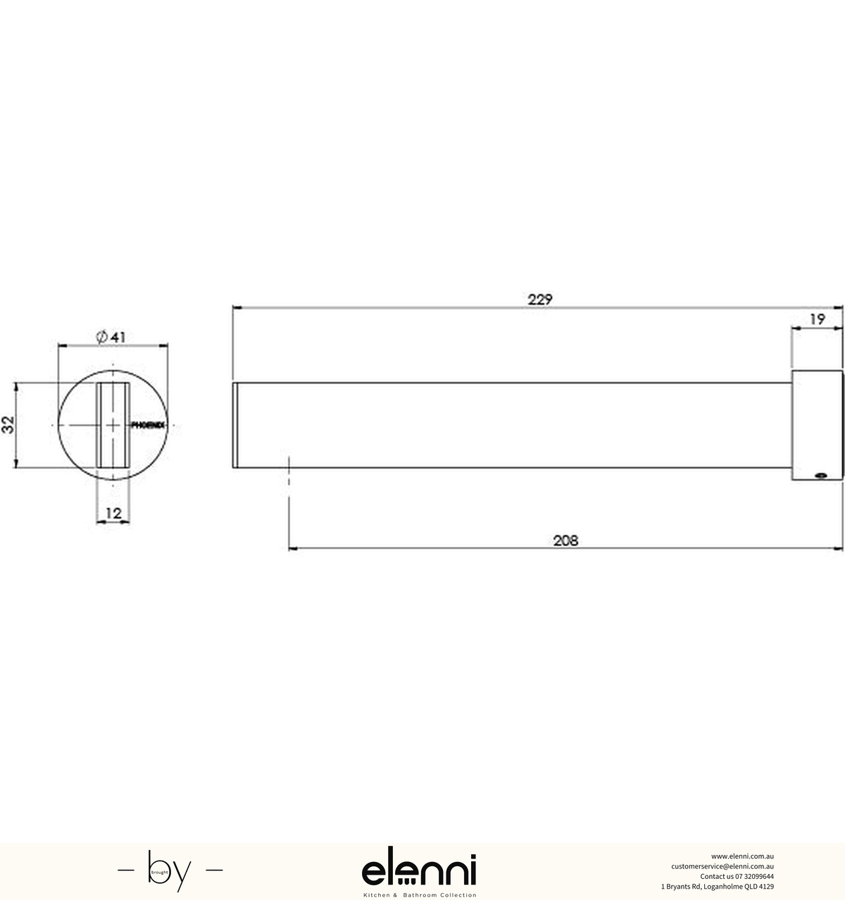 Lexi MKII Bath Outlet 200mm - Elenni specification drawing