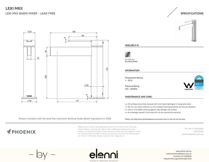 Lexi MKII Basin Mixer - Elenni specification drawing