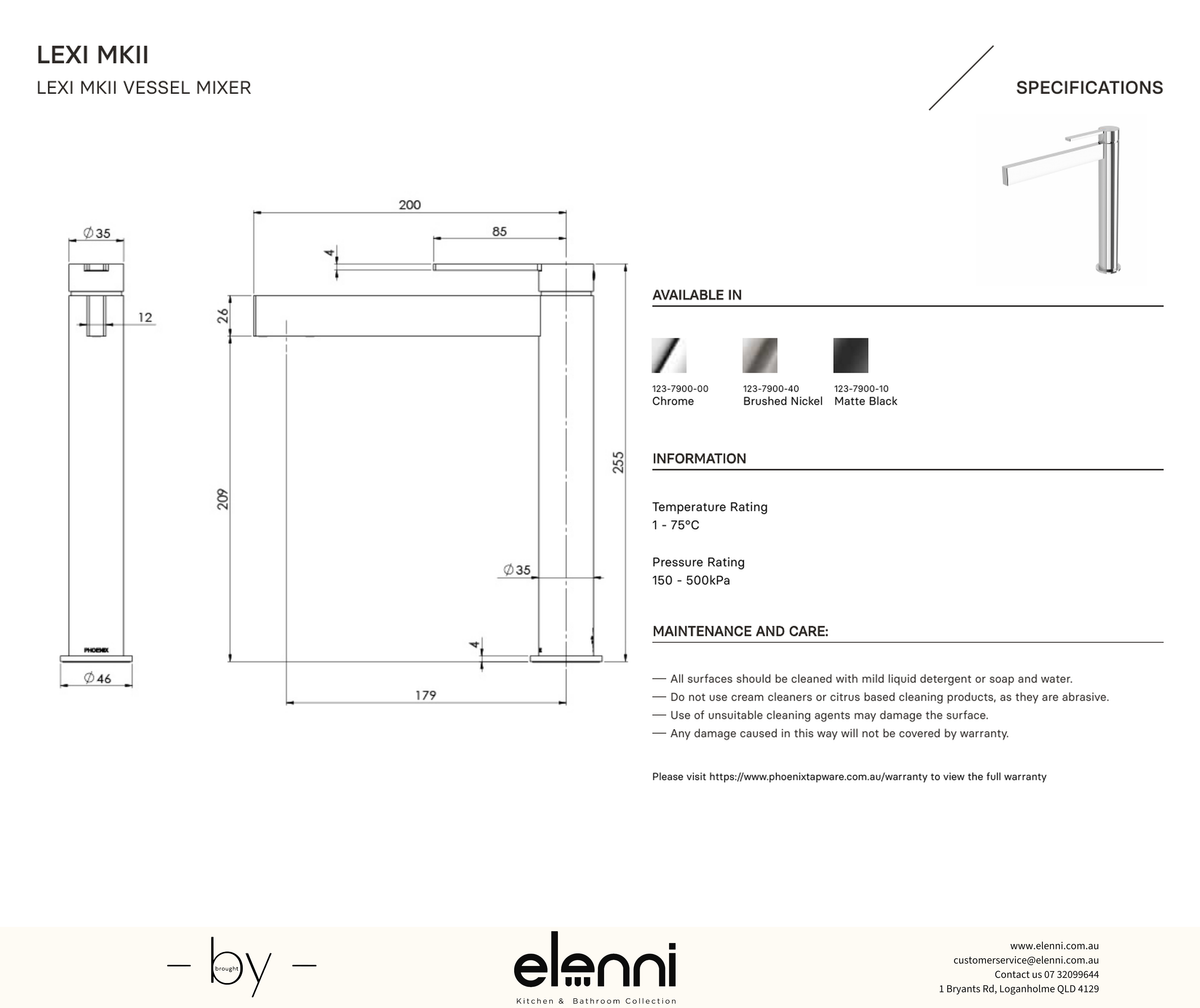 Lexi MKII Vessel Mixer - Elenni specification drawing