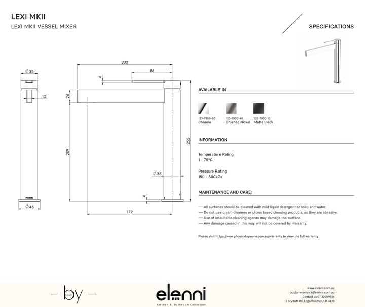 Lexi MKII Vessel Mixer - Elenni specification drawing