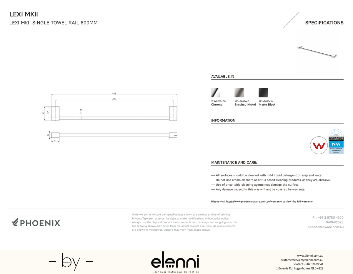 Lexi MKII Single Towel Rail 600mm - Elenni specification drawing