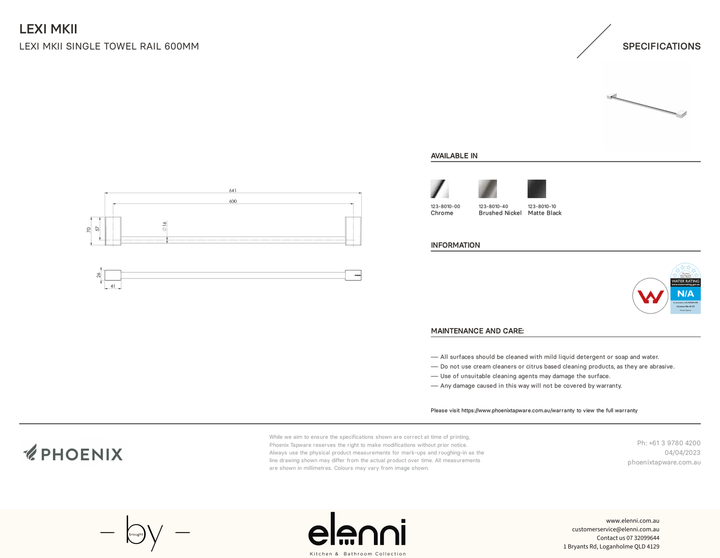 Lexi MKII Single Towel Rail 600mm - Elenni specification drawing