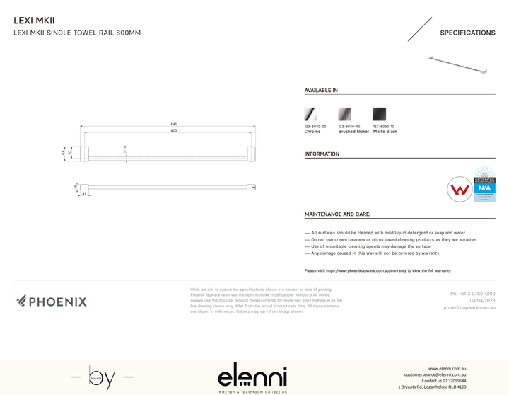 Lexi MKII Single Towel Rail 800mm - Elenni specification drawing