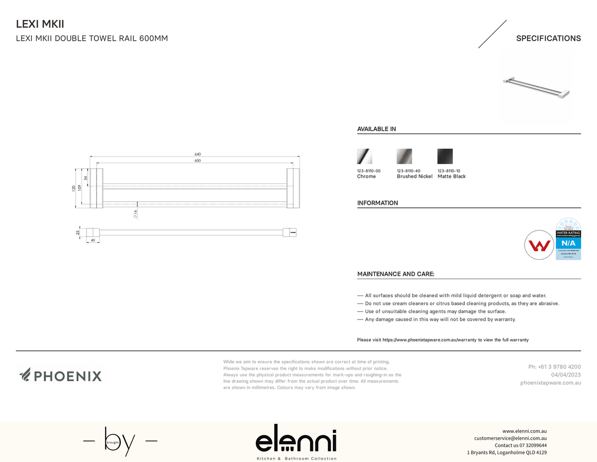 Lexi MKII Double Towel Rail 600mm - Elenni specification drawing