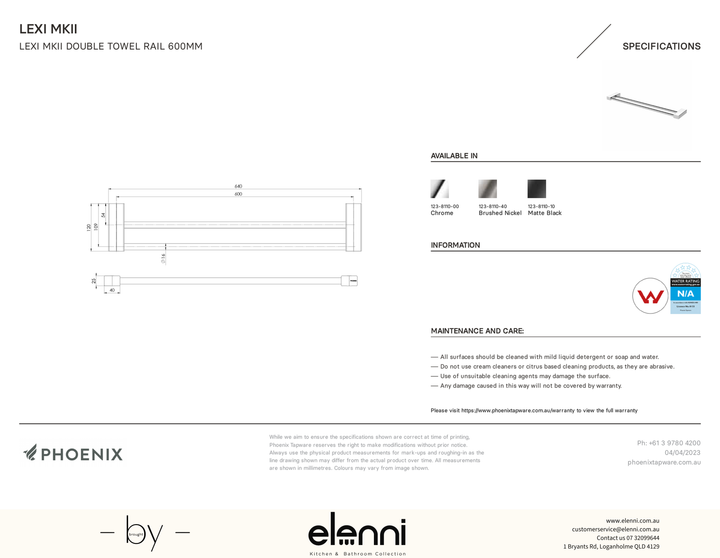 Lexi MKII Double Towel Rail 600mm - Elenni specification drawing