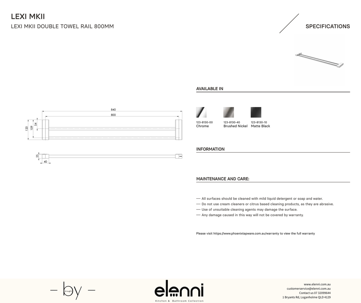 Lexi MKII Double Towel Rail 800mm - Elenni specification drawing