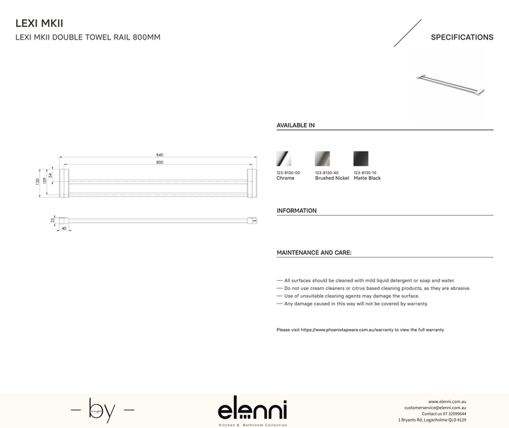 Lexi MKII Double Towel Rail 800mm - Elenni specification drawing