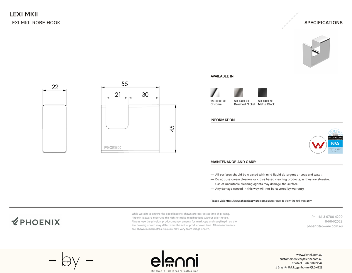 Lexi MKII Robe Hook - Elenni specification drawing