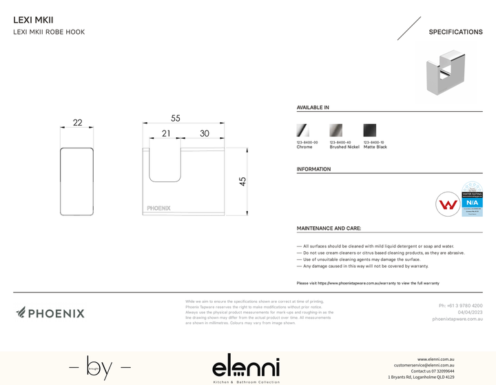 Lexi MKII Robe Hook - Elenni specification drawing