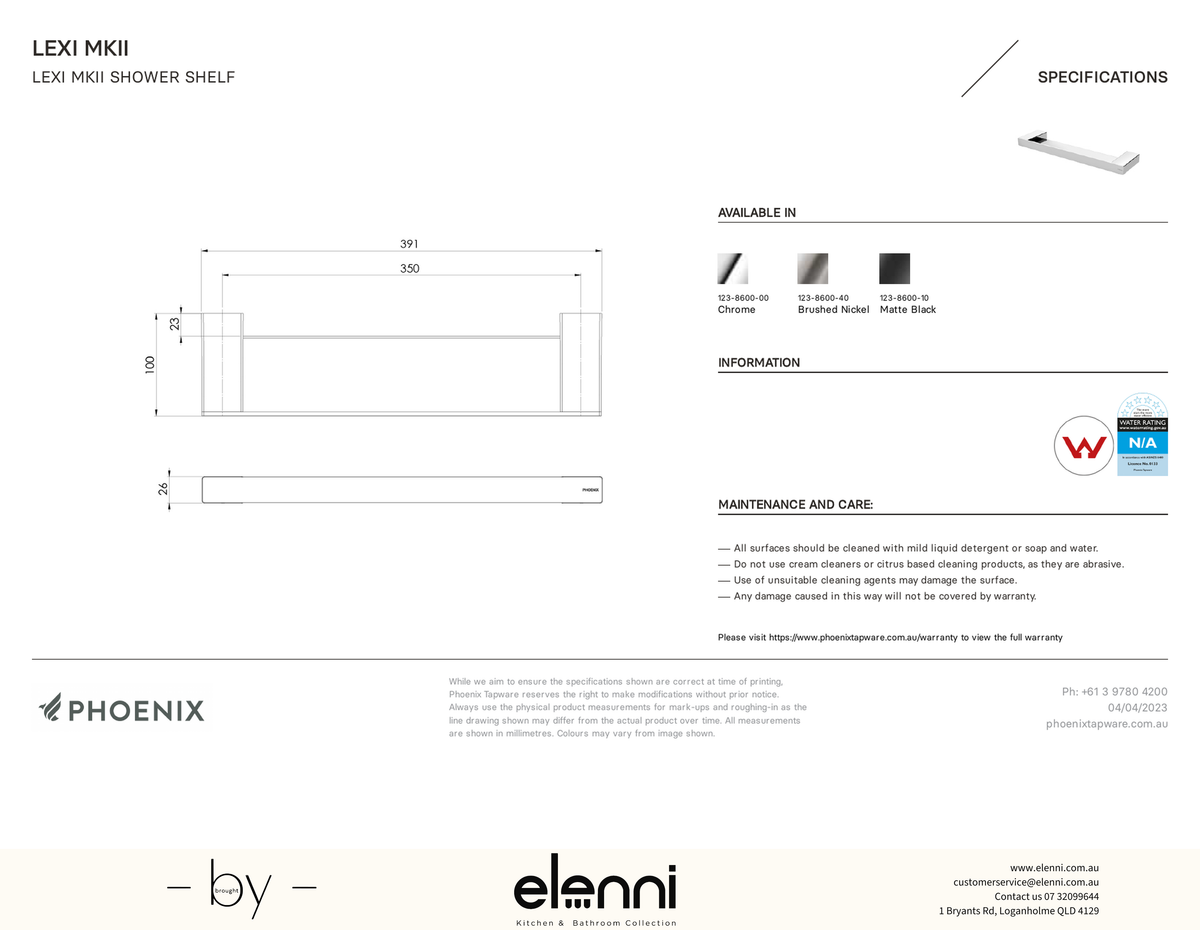 Lexi MKII Shower Shelf - Elenni specification drawing
