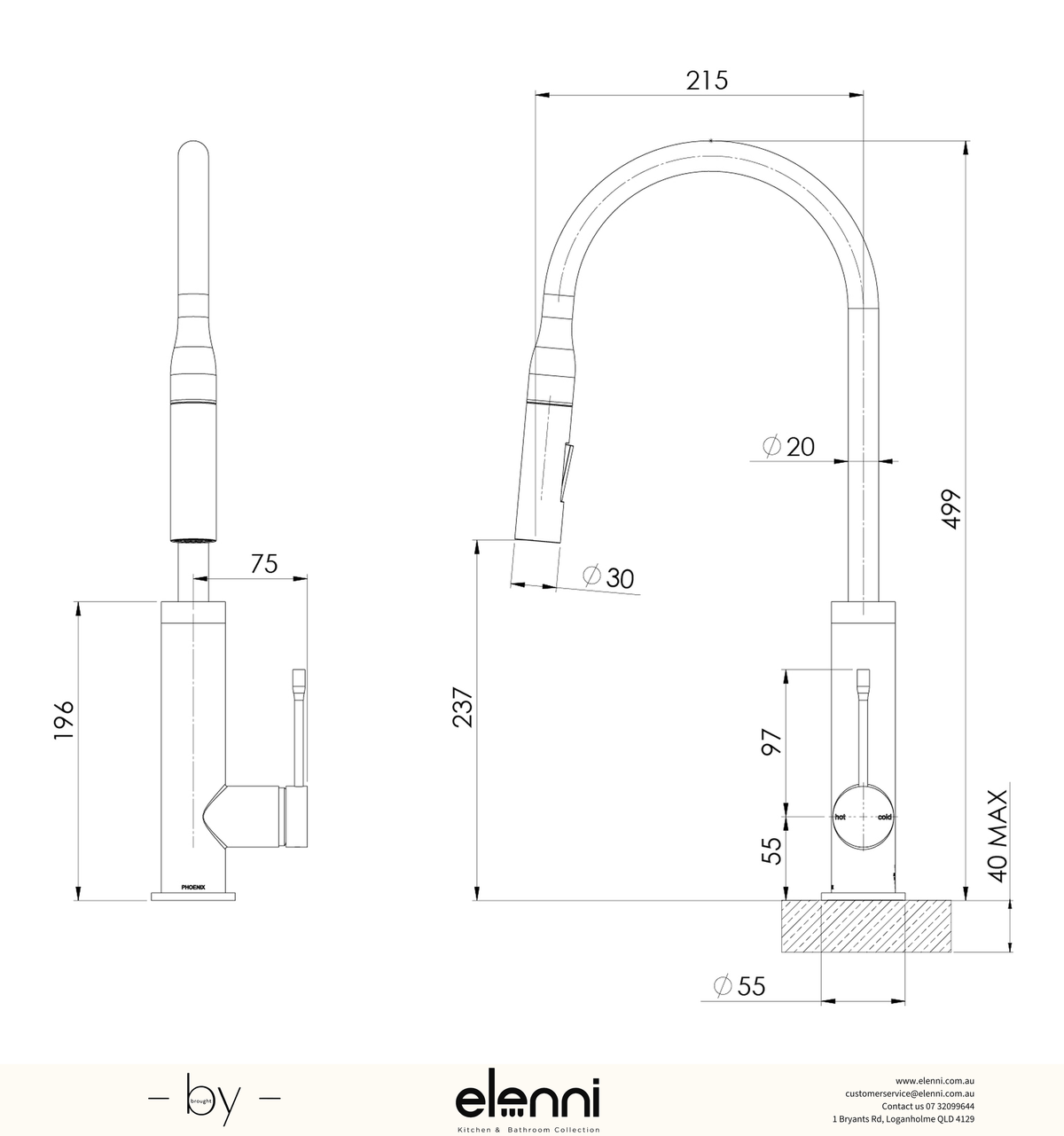 Deja Pull Out Sink Mixer 220mm - Lead Free - Elenni specification drawing