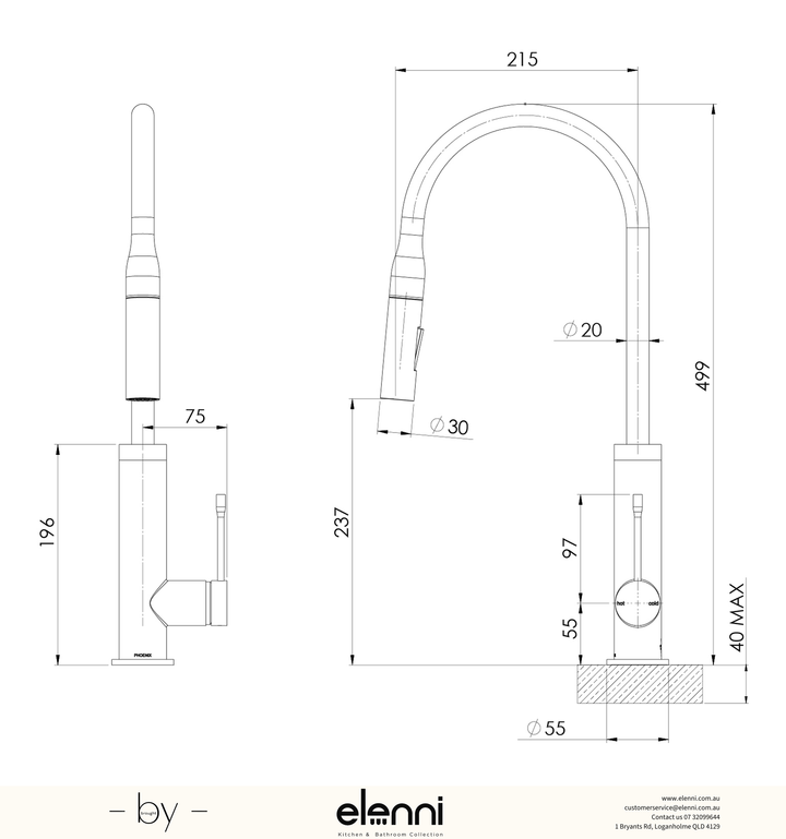 Deja Pull Out Sink Mixer 220mm - Lead Free - Elenni specification drawing