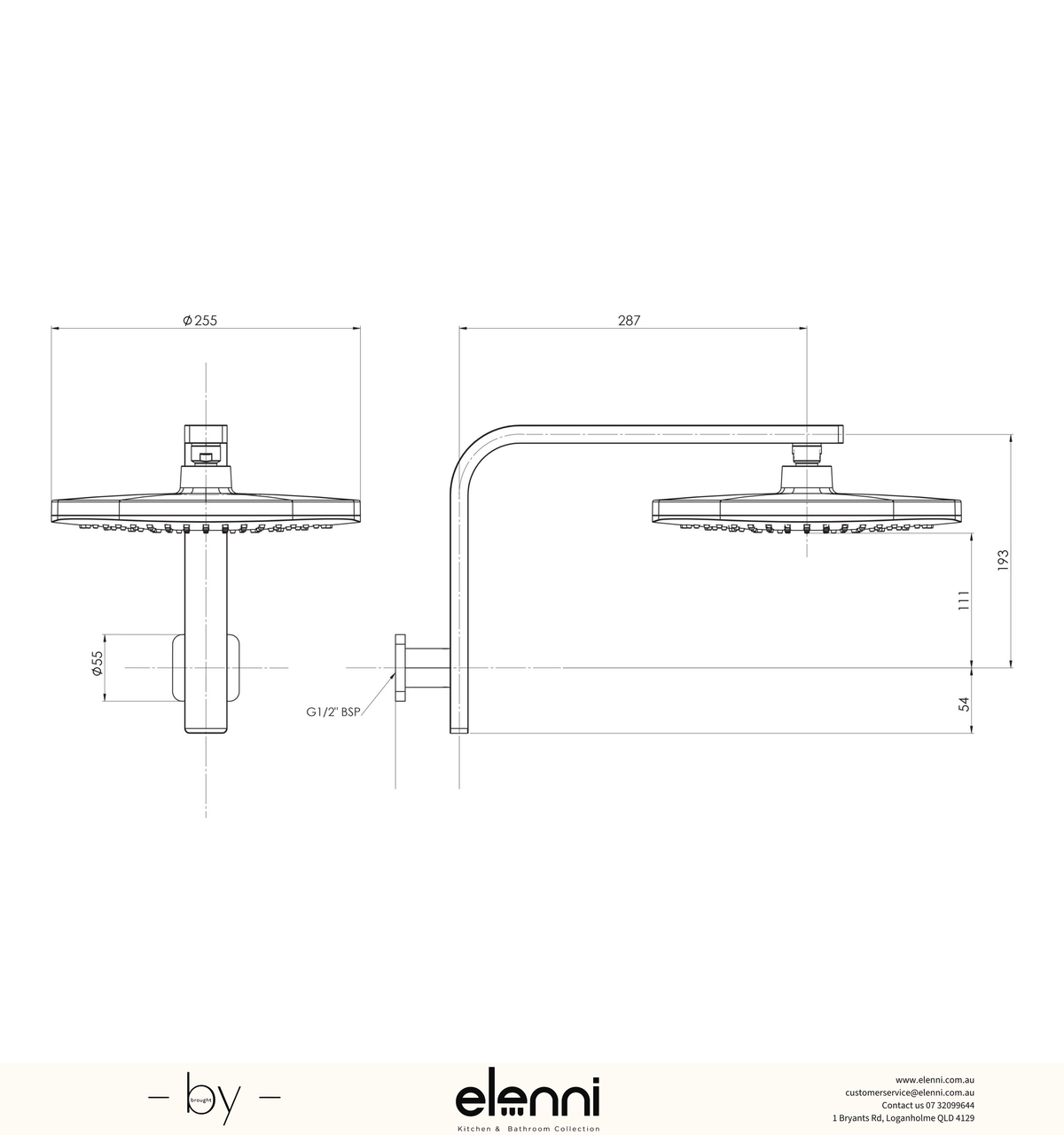 Nuage High-Rise Shower Arm and Rose - Elenni specification drawing