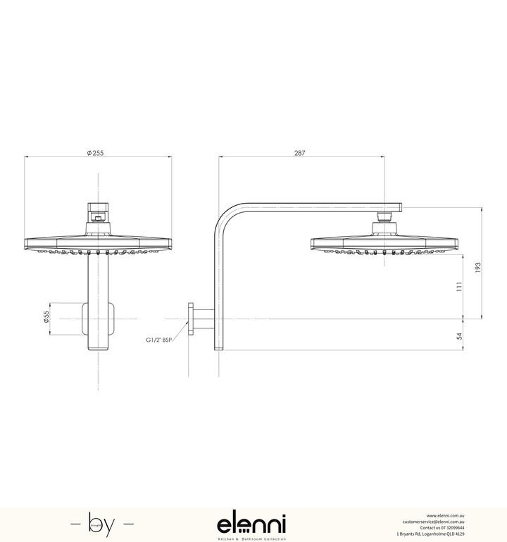 Nuage High-Rise Shower Arm and Rose - Elenni specification drawing