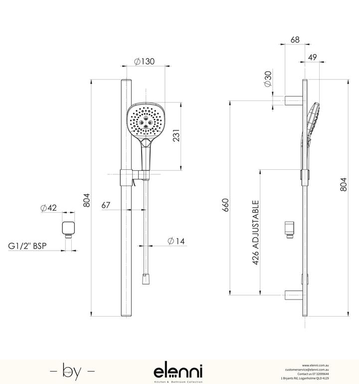 Nuage Rail Shower - Elenni specification drawing