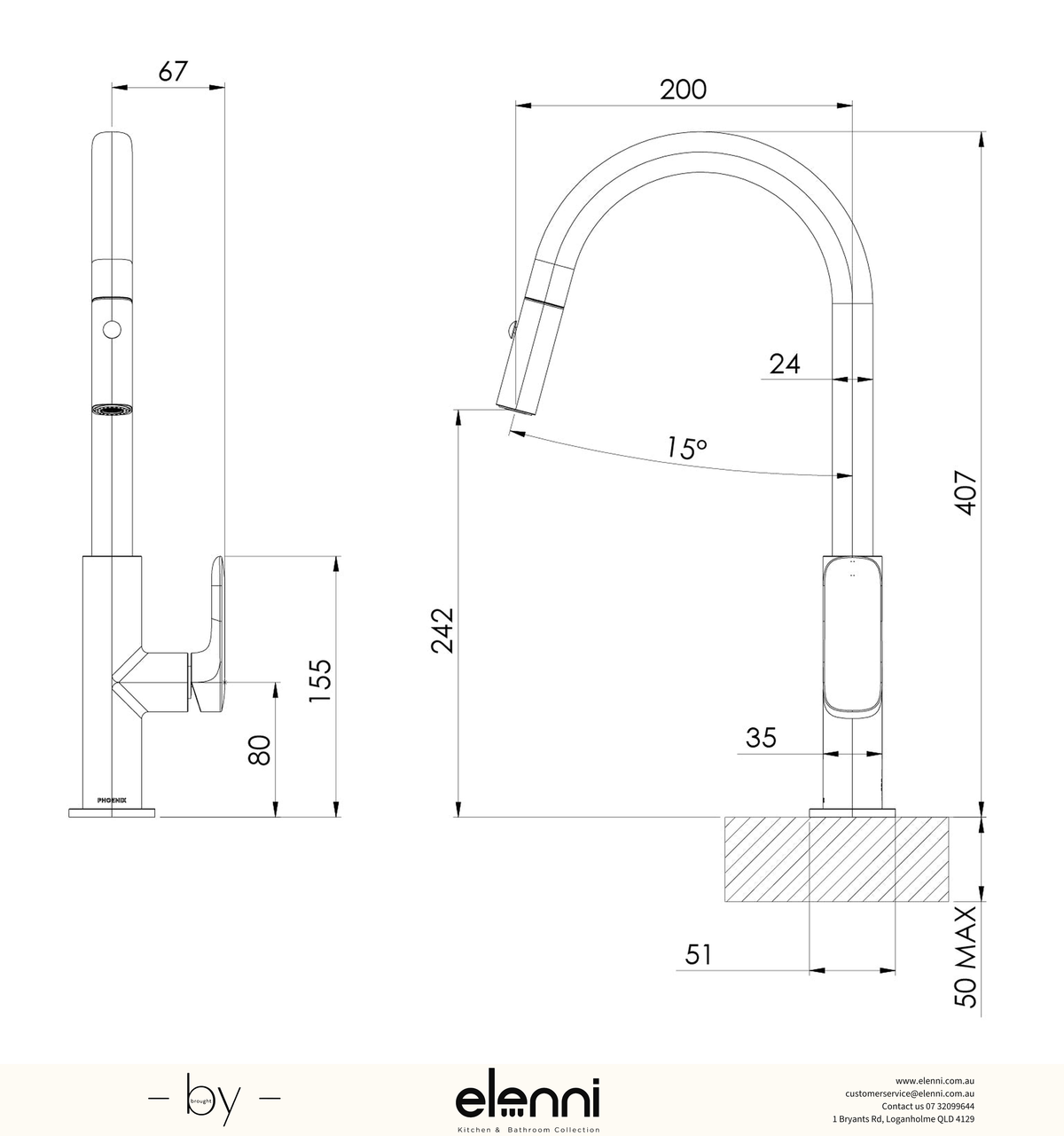 Nuage Pull Out Sink Mixer 200mm - Lead Free - Elenni specification drawing