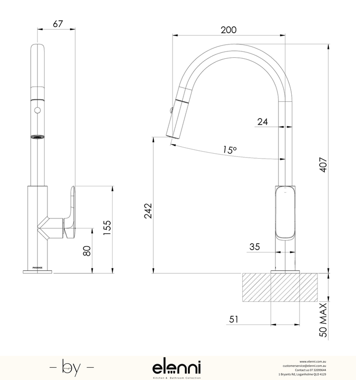 Nuage Pull Out Sink Mixer 200mm - Lead Free - Elenni specification drawing