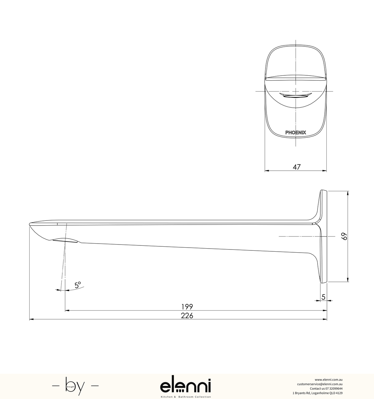 Nuage Wall Basin / Bath Outlet 200mm - Elenni specification drawing
