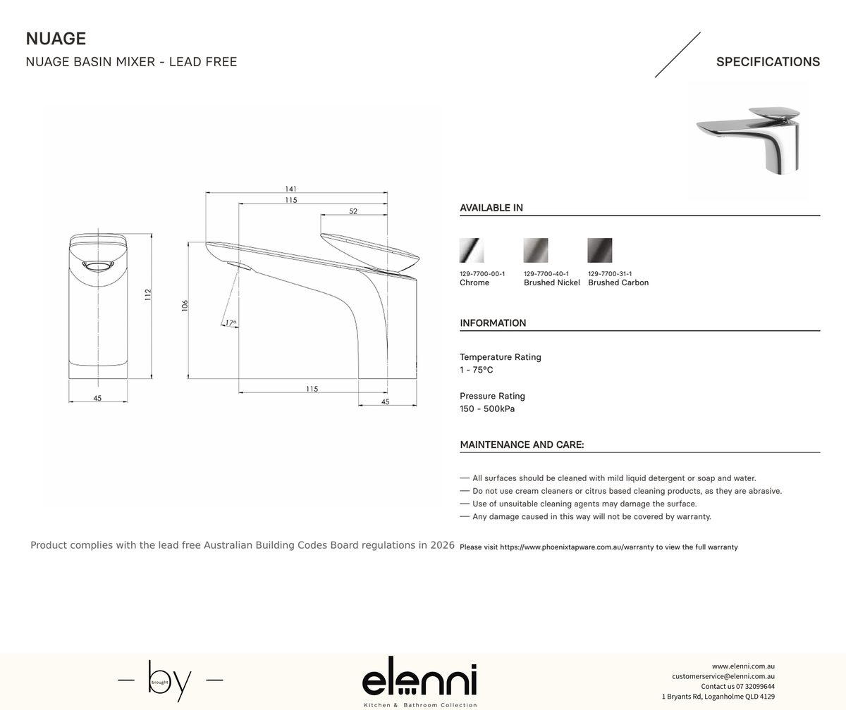Nuage Basin Mixer - Lead Free - Elenni specification drawing