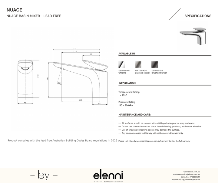 Nuage Basin Mixer - Lead Free - Elenni specification drawing